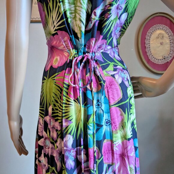 Vintage 90s Scarlett Midi Dress Button Front Tropical Print Funky Cottagecore 13 - Picture 13 of 16